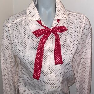 Koret vintage blouse long sleeve button down sash white red polka dot medium